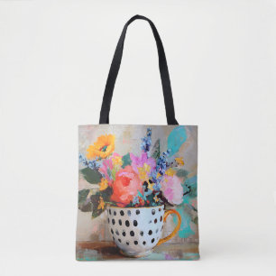 Bolsa Tote Flores Coloridas em Xícara de Chá com Bolinhas