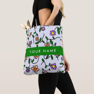 Bolsa Tote Flores Coloridas, Fundo Azul, Verde
