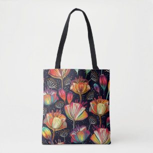 Bolsa Tote Flores Coloridas Plantas Padrão Vintage