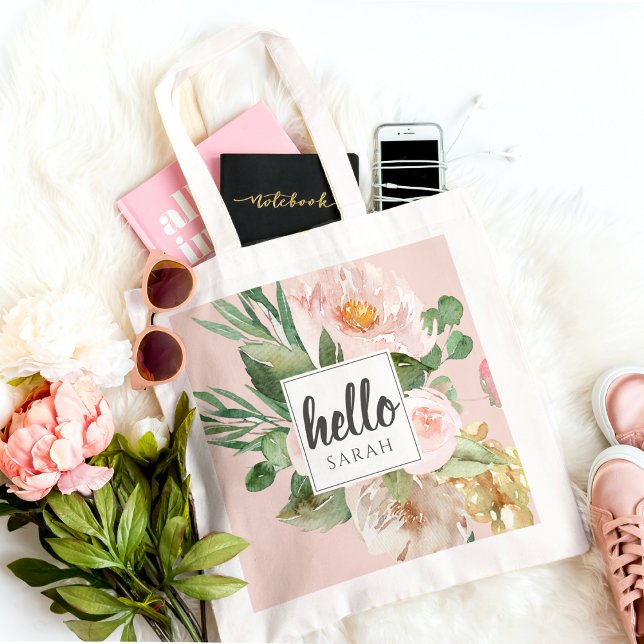 Bolsa Tote Flores Cor d'Água Moderna Rosa e Nome & Alô (Criador carregado)