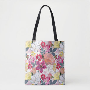 Bolsa Tote Flores cor-de-água, cor-de-rosa.