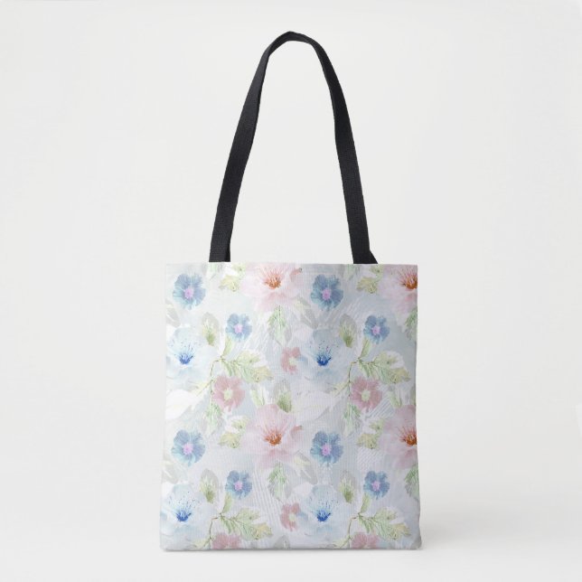 Bolsa Tote Flores cor-de-água rosa e azul. (Frente)