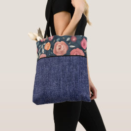 Bolsa Tote Flores cor-de-laranja e rosadas e jeans