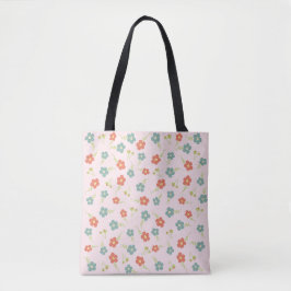 Bolsa Tote Flores cor-de-rosa e azuis em saco