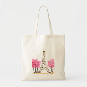 Bolsa Tote Flores cor-de-rosa Elegante Torre Eiffel Paris