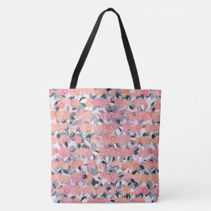 Bolsa Tote Flores cor-de-rosa em um fundo de folhas prateadas