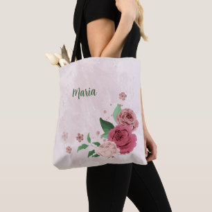 Bolsa Tote flores cor-de-rosa folhas verdes 