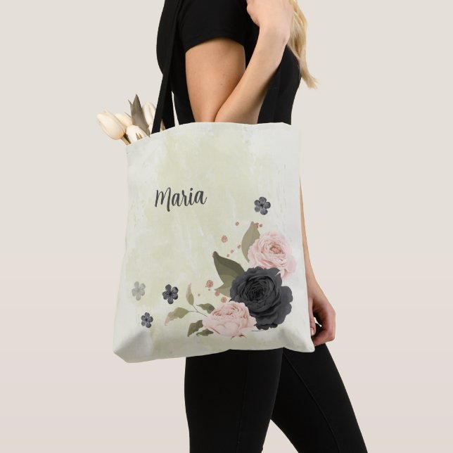 Bolsa Tote flores cor-de-rosa preto (Close Up)