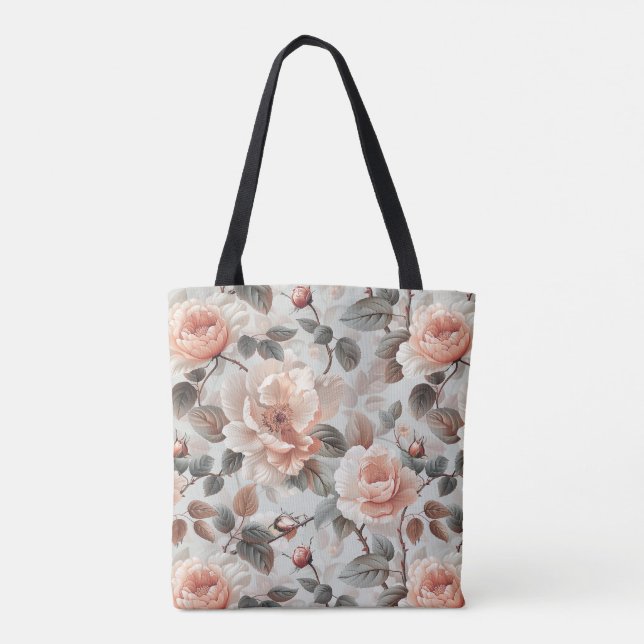 Bolsa Tote Flores-creme com folhas de cinza em cinza-clara (Verso)