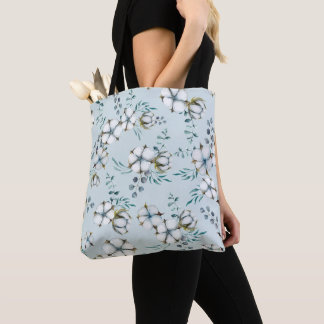 Bolsa Tote Flores de Algodão e Eucalipto em Aquarela