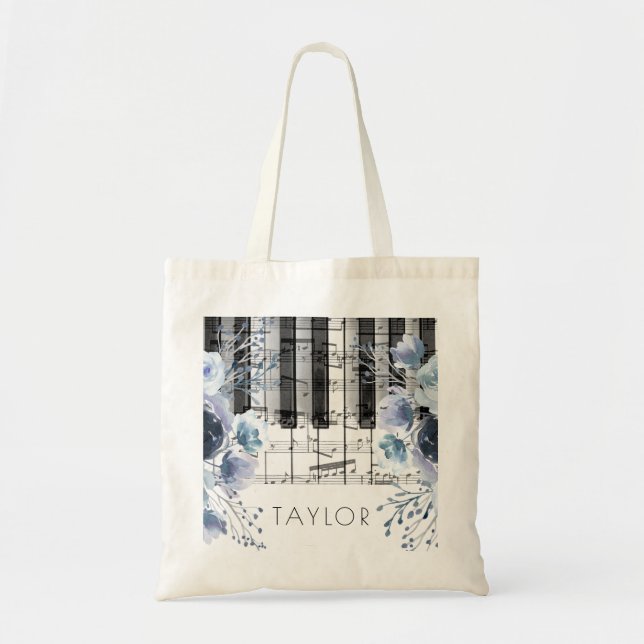Bolsa Tote flores de aquarela azul empoeirado piano música (Frente)