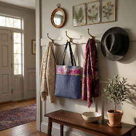 Bolsa Tote flores de aquarela bordô e jeans