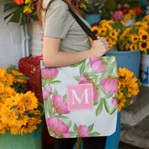Bolsa Tote Flores de Aquarela Cor-de-rosa-inicial com Na moda