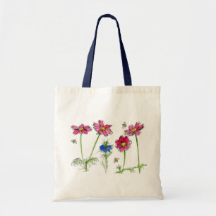 Bolsa Tote Flores de Aquarela, Cosmos, Rosa, Abelhas de Mel