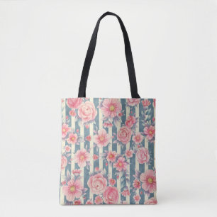 Bolsa Tote Flores de Aquarela Rosa em Stripes