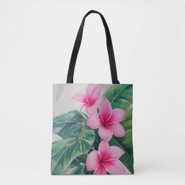 Bolsa Tote Flores de Aquarela Rosa Frangipani (Frente)