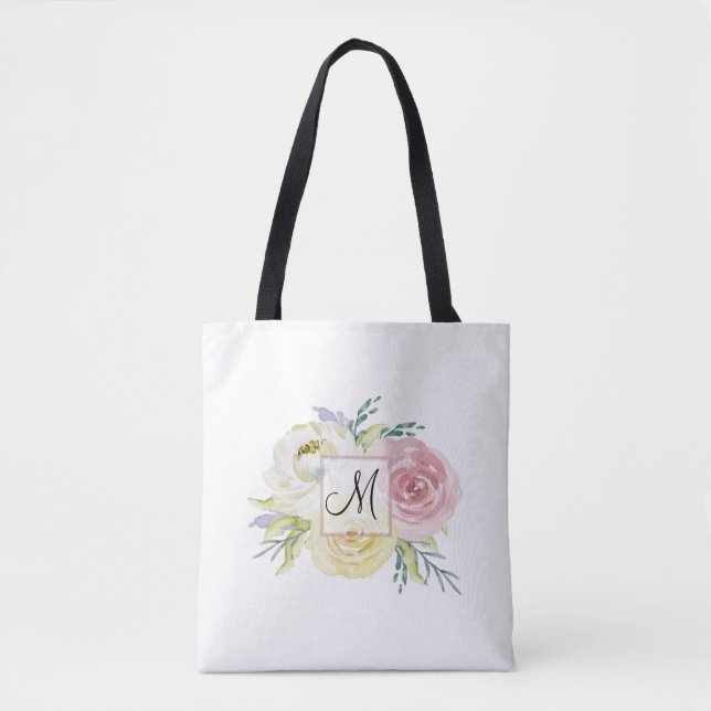 Bolsa Tote Flores de Aquarela Rosa Monograma (Frente)