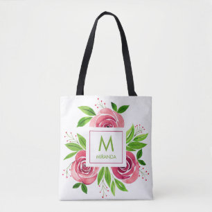 Bolsa Tote Flores de Aquarela Rosa Monograma Personalizado
