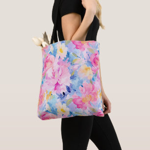 Bolsa Tote Flores de Aquarelas, cor-de-rosa e Abstrato azul