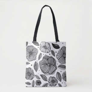 Bolsa Tote Flores de aquarelas e de tinta - preto e branco