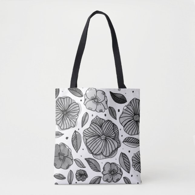 Bolsa Tote Flores de aquarelas e de tinta - preto e branco (Frente)