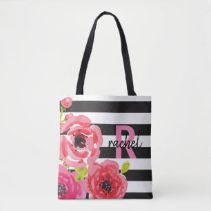 Bolsa Tote Flores De Aquarelas Rosa E Listras Monogramadas