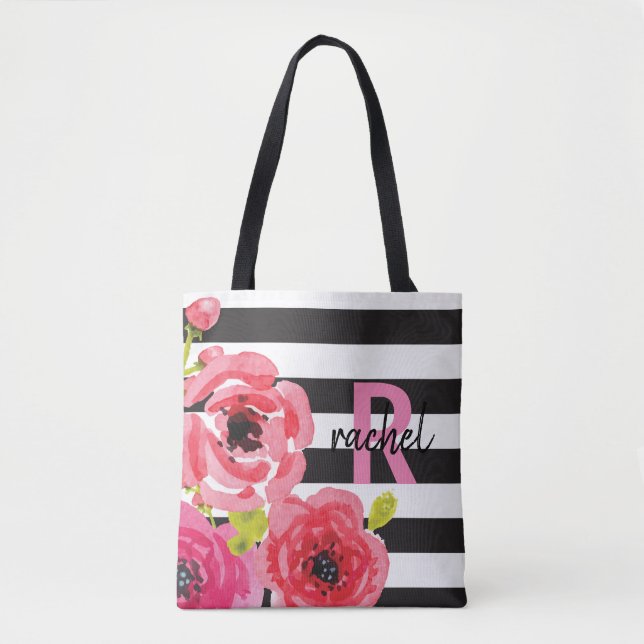 Bolsa Tote Flores De Aquarelas Rosa E Listras Monogramadas (Frente)