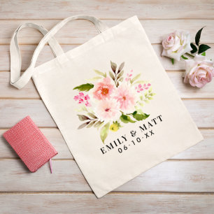 Bolsa Tote Flores de Aquarelas Rosa Monograma de Casamento de