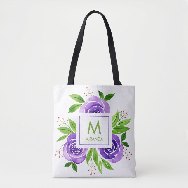 Bolsa Tote Flores De Aquarelas Roxas Monograma Personalizado (Frente)