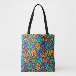 Bolsa Tote Flores de Arte Folclórica Brilhantes