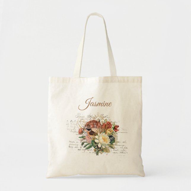 Bolsa Tote Flores de Ave Marrom Nome Tote Bag (Frente)