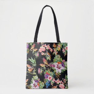 Bolsa Tote Flores de Aves Selvagens: Vintagem Negra