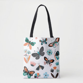 Bolsa Tote Flores de Borboletas: Coleção Desenhada Mão