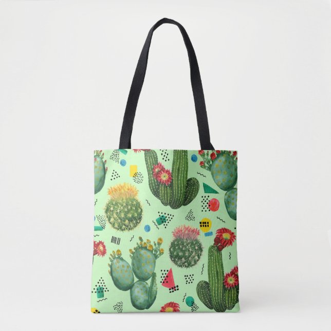 Bolsa Tote Flores De Cactus: Fundo Geométrico De Aquarela. (Frente)