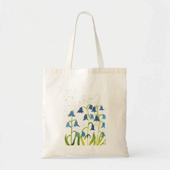 Bolsa Tote Flores de campainhas azuis aquarela natureza (Frente)