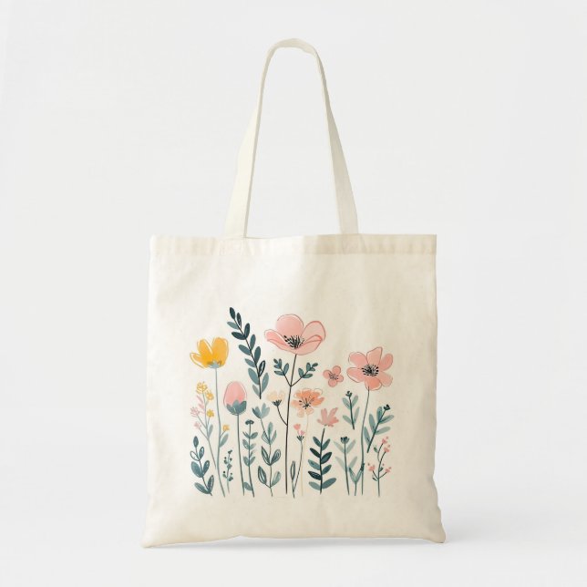 Bolsa Tote Flores de Cartoon Bonitas Aquarela Desenhar de Mão (Frente)