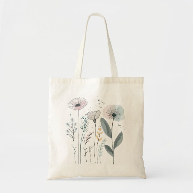 Bolsa Tote Flores de Cartoon Bonitas Aquarela Desenhar de Mão (Frente)