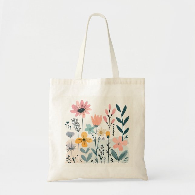 Bolsa Tote Flores de Cartoon Bonitas Aquarela Desenhar de Mão (Frente)