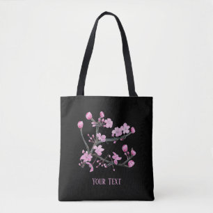 Bolsa Tote Flores de cereja rosa, preto personalizado