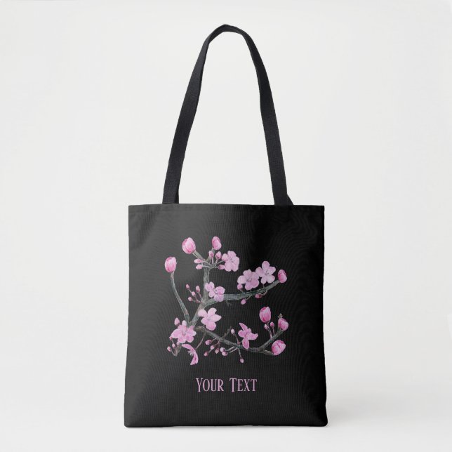 Bolsa Tote Flores de cereja rosa, preto personalizado (Frente)