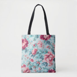 Bolsa Tote Flores de Clarete Rosa Sofisticadas e Folhas Azure