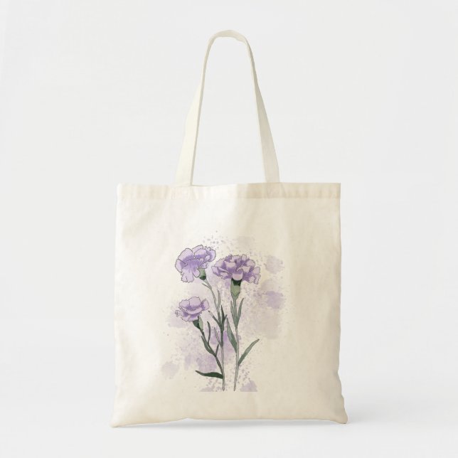 Bolsa Tote Flores de craveiro roxa pintadas à mão (Frente)