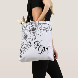 Bolsa Tote Flores de Dodle Pretas e Brancas Coloridas na Imag