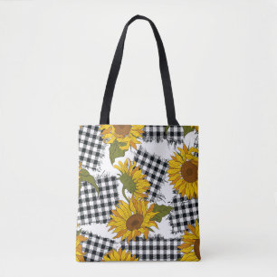 Bolsa Tote Flores de girassol brilhantes em manchas checadas.