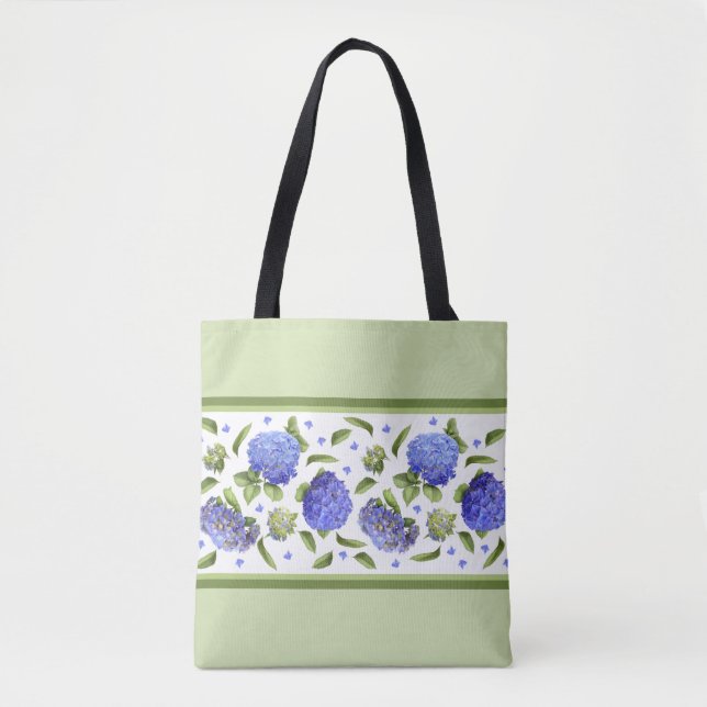 Bolsa Tote Flores de Hortênsia Azul Padrão Botânico (Frente)