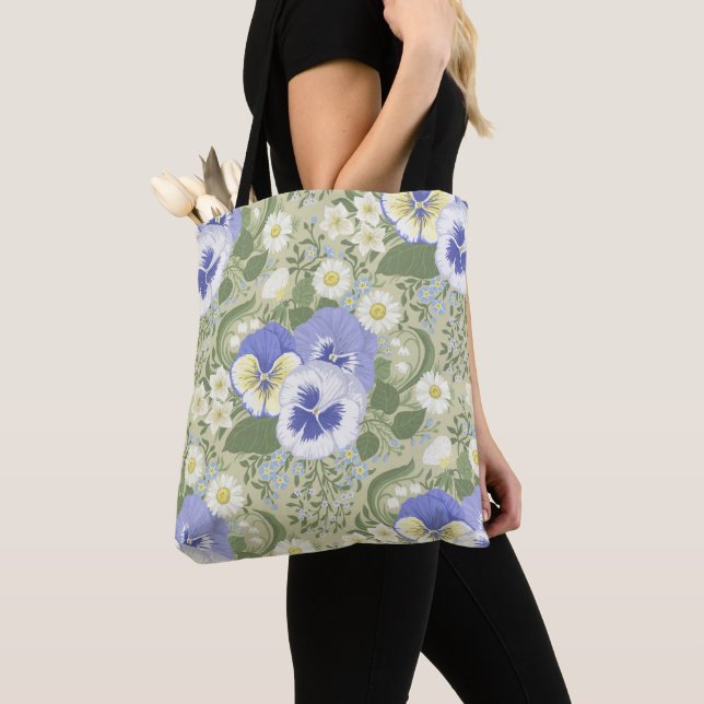 Bolsa Tote Flores de Jardim de Primavera em sage (Close Up)