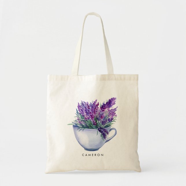 Bolsa Tote Flores de Lavanda de Aquarela em Teacup Personaliz (Frente)