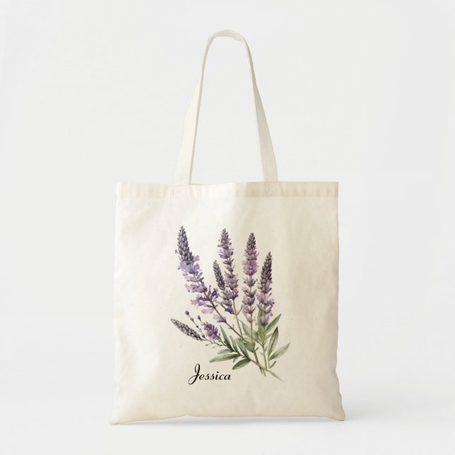 Bolsa Tote Flores de Lavanda em Aquarela Elegante Personaliza (Frente)
