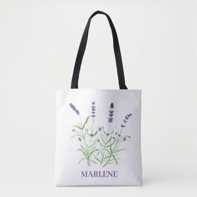 Bolsa Tote Flores de Lavanda em Aquarela Floral Roxa (Frente)
