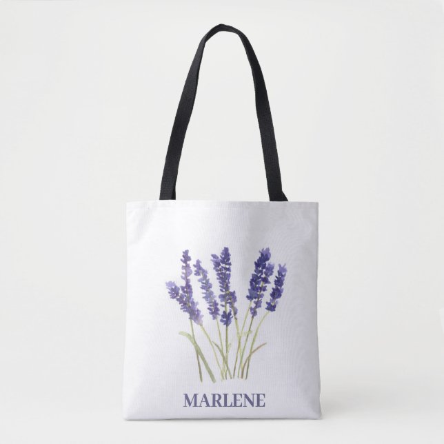 Bolsa Tote Flores de Lavanda em Aquarela Floral Roxa (Frente)